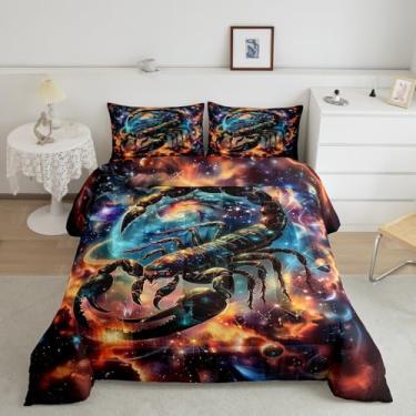 Imagem de Conjunto de edredom infantil escorpião para meninos, tamanho casal, nebulosa da astrologia, galáxia, decoração de quarto, 12 constelações, zodíaco, microfibra escovada, edredom de cama macio, 3 peças