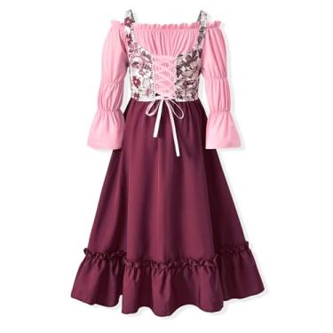 Imagem de fioukiay Vestido renascentista para meninas, ombro de fora, manga bufante, vestido medieval de 4 a 12 anos, Rosa e vinho tinto, 8-9 Anos