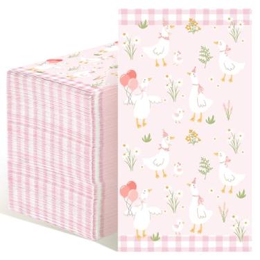 Imagem de Pajean 100 peças de guardanapos de papel de ganso bobo, um ganso bobo, decorações de aniversário, guardanapos descartáveis com laço rosa, toalha de mão para aniversário, chá de bebê, artigos de mesa