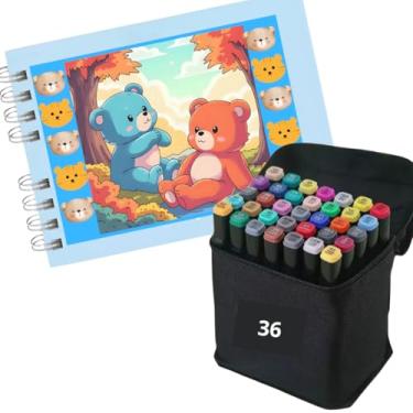 Imagem de Kit de Colorir Livro de Colorir Capa dura Urso Bob Azul + 36 Canetinhas Coloridas - Canetas Colorias touch- Marcador Colorido | Presente Educativo | Atividades Criativas | Antiestresse