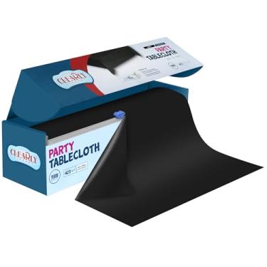 Imagem de Clearly Elegant Rolo de toalha de mesa de plástico preto com cortador, capa de mesa descartável extra grande para piquenique, toalha de mesa de plástico descartável para festas, eventos e reuniões ao