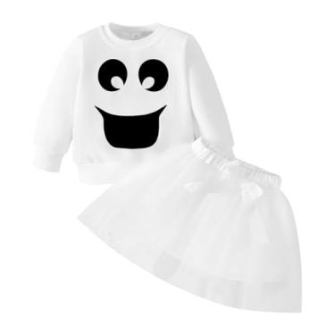 Imagem de XFGLCK Roupas infantis de Halloween com estampa de rosto sorridente, manga comprida, conjunto de saia tutu de tule, roupas de fantasia de fantasma, Branco, 2-3 Years
