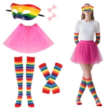 Imagem de CIEOVO 6 peças de fantasia de personagem de livro de Halloween, conjunto de fantasia de listras de arco-íris, meias até a coxa, luvas, saia tutu e laço de máscara de cabelo para mulheres, suprimentos