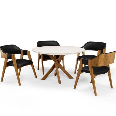 Imagem de Mesa De Jantar Redonda Cora 120cm Off White M04 com 04 Cadeiras Living Suran Couríssimo Preto - Lyam