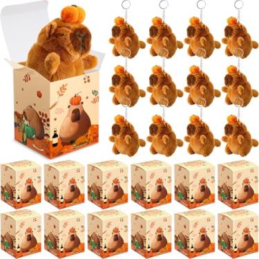 Imagem de Huquary 12 chaveiros de pelúcia capivara de outono com 12 peças caixa de presente pequena capivara de ação de graças mini animais de pelúcia chaveiros caixa de doces para presente de aniversário