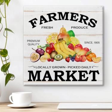 Imagem de Impressão de arte de parede em tela Country Farmers Market Fruits Pintura de pôster de frutas coloridas arte emoldurada decoração de parede rústica para cozinha doméstica 20 x 20 cm
