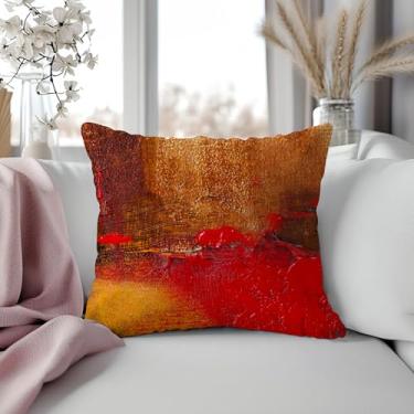 Imagem de Capas de almofada de arte com pintura vermelha e dourada abstrata 45,7 x 45,7 cm, arte moderna, vermelha, amarela, marrom, pincelada, decorativa, fronhas, para decoração de casa, quarto, sala de estar