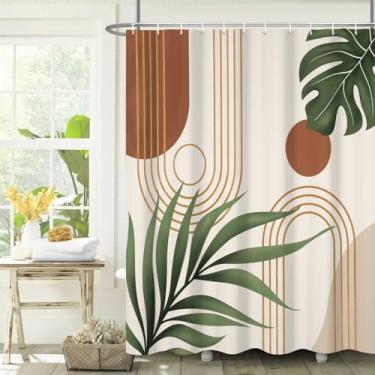 Imagem de Boho Cortina de chuveiro verde sálvia abstrata boêmia meados do século cortina de banheiro planta botânica folha de palmeira acessórios de banho cortina de banheira impermeável 182 x 182 cm com