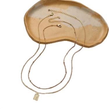 Imagem de Colar quadrado retrô feminino com pingente de camada dupla elegante corrente de pescoço de clavícula para uso diário