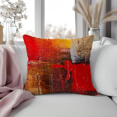 Imagem de Capas de almofada de arte com pintura vermelha e dourada abstrata 45,7 x 45,7 cm, arte moderna, vermelha, amarela, marrom, pincelada, decorativa, fronhas, para decoração de casa, quarto, sala de estar