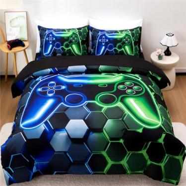 Imagem de NTBED Conjunto de edredom de jogos 3D para meninos, crianças e adolescentes, 5 peças, jogo de cama com lençol, console de jogos em uma bolsa (azul, verde, solteiro)