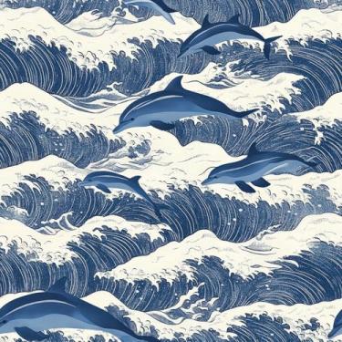 Imagem de LACHEERY Papel de parede ondulado azul de 44,5 x 698,5 cm, ondas do oceano, papel de parede removível para quarto, papel de parede removível, golfinho azul, ondas do mar, papel de contato para