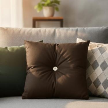 Imagem de Almofada Decorativa de Luxo para Sofá, 45x45cm, Enchimento Incluso, Diversos Tons, Botão Central, para Sala e Quarto (Marrom)