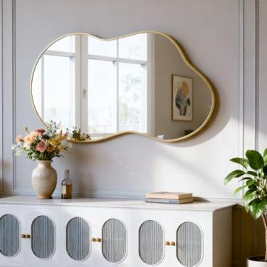 Imagem de NEUWEABY Espelho de parede irregular, espelho de nuvem assimétrico 66.0 cm x 116.8 cm dourado grande espelho de corpo exclusivo espelho de banheiro montado na parede moderno para sala de estar entrada