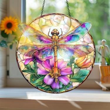 Imagem de Acrílico colorido Suncatcher, apanhador de sol estilo vitral impresso libélula com reflexos de arco-íris, decoração de janela suspensa, decoração de parede, ornamentos de Natal para uso interno e