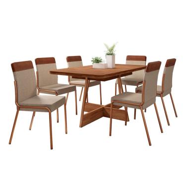 Imagem de Conjunto de Mesa Retangular com Tampo de MDP Nogal Átria e 6 Cadeiras Madalena Linho Areia e Caramelo