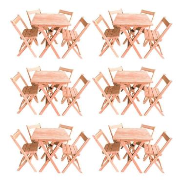 Imagem de Kit 6 Conjuntos Mesa Dobrável 70x70cm Para Bar Com 4 Cadeiras Em Madeira Maciça - Cru - Bege