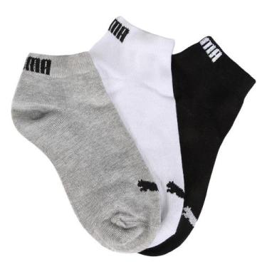 Imagem de Kit Meia Infantil Puma Cano Curto 3 Pares, Branco, Cinza, 25/28