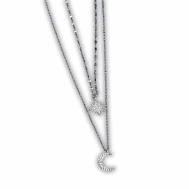 Imagem de Colar Feminino "Moonshine" em Cobre com Banho de Prata e Pedras Zircônia 40cm - Acompanha Bolsa de Veludo