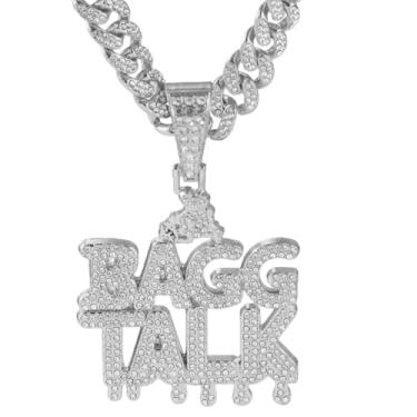 Imagem de GuoShuang Colar feminino Iced Out BAGG TALK com pingente de elos cubanos, corrente cubana Miami de 45,7 cm, colar hip hop para mulheres