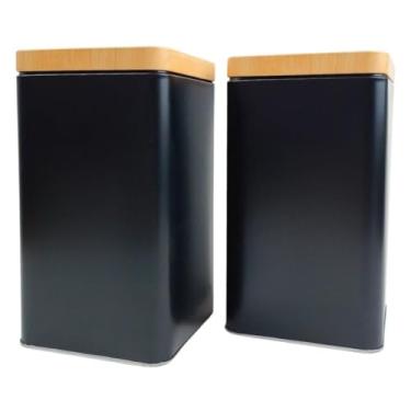 Imagem de Pote de armazenamento cafe Kit 2 Latas Café Açúcar Potes Organizadores Tampa Amadeirada Preto Cozinha Moderna Decorativa(Açúcar + Café)