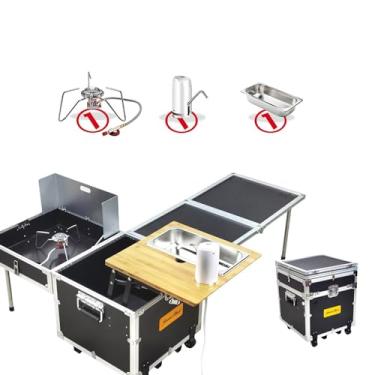 Imagem de JYXYXSCP Conjunto de cozinha de acampamento com pia e fogão estação de cozinha de acampamento portátil mesa de acampamento com caixa de armazenamento com rodízios