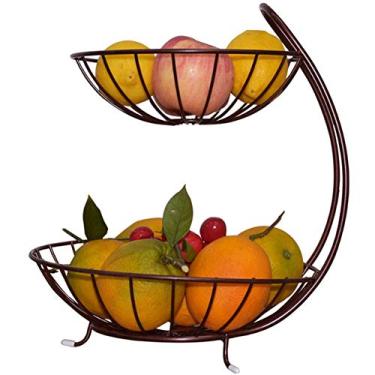Imagem de Suporte de exibição decorativo de 2 camadas para armazenamento de cesta de frutas de bancada de metal para legumes, lanches, pão, itens domésticos (bronze 26,5 26,5 32 cm)