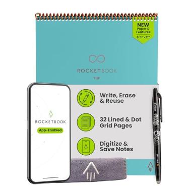 Imagem de Rocketbook New Flip - com 1 caneta Pilot Frixion e 1 pano de microfibra incluído - capa azul-petróleo, tamanho carta (21,6 cm x 28 cm)