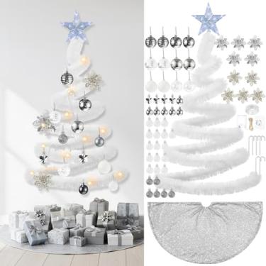 Imagem de HyDren 91 peças de árvore de Natal DIY para pendurar na parede com luzes, inclui guirlanda de Natal de 1,8 m, enfeite de bola, cana-de-doce, purpurina, flores de poinsétia para decoração de casa