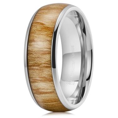 Imagem de THREE KEYS JEWELRY Aliança de casamento básica de 4,6,8 mm preta/prata titânio aliança de noivado para homens mulheres cúpula polida conforto ajuste tamanho 4-14, titânio e madeira, Sem pedra preciosa