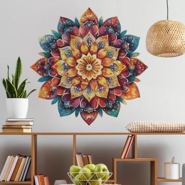 Imagem de Decalques de parede mandala, cores de arco-íris em ouro preto, adesivos de parede com design de flores boêmias, 55 x 55 cm, vinil removível para sala de estar, quarto, estúdio de ioga, sofá, decoração