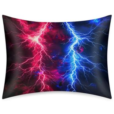 Imagem de Fronha de almofada de cetim de seda de tamanho padrão para cabelo e pele, capa de travesseiro macia antiderrapante refrescante relâmpago psicodélico vermelho azul com fecho de envelope para dormir