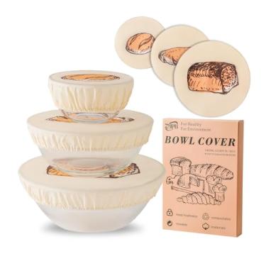 Imagem de Pacote com 6 capas de tigela de algodão de cera de abelha para impermeabilização de pão, capas de alimentos de pano elástico reutilizáveis de 20/20/30 cm, tampas de tecido laváveis para fermento