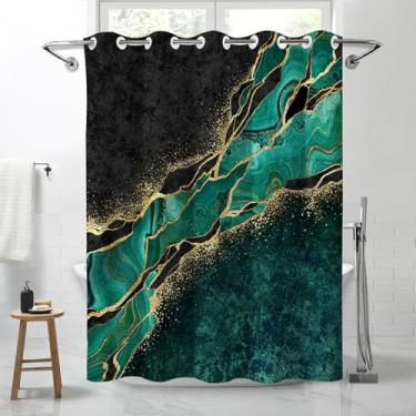 Imagem de Lnond Cortina de chuveiro de mármore verde preto dourado, luxuosa, à prova d'água, sem gancho, para banheiro, spa, banheira, 71 L x 74 C