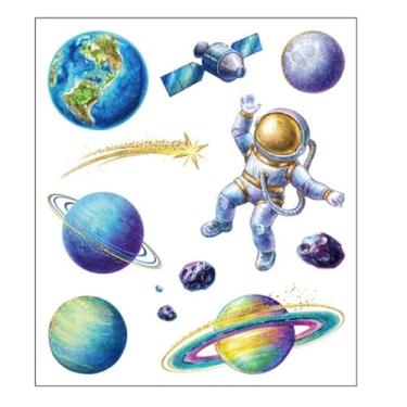 Imagem de Adesivos de tatuagem temporária com glitter à prova d'água – Tema espacial com astronauta, planetas e estrelas para crianças, decoração de festa, presentes de aniversário