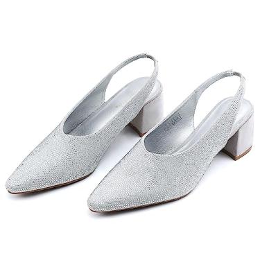 Imagem de SPR&JOY Sapato feminino preto dourado prata bico fino salto bloco slingback salto grosso slip on noite festa sapato social, Prata pontiaguda, 35