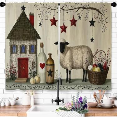 Imagem de Opeoddie Cortinas de cozinha rústicas vintage ovelhas de madeira porta de celeiro pequenas cortinas de janela curta modernas cortinas animais de fazenda para banheiro quarto 2 painéis camadas de