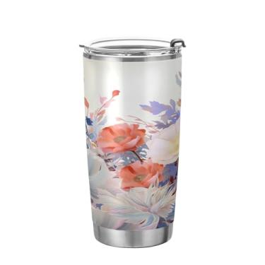 Imagem de xigua Copo de flores silvestres de jardim aquarela com tampa de palha, caneca de viagem a vácuo de parede dupla, caneca de café bem isolada, copo de aço inoxidável para bebidas quentes e frias, 600 ml