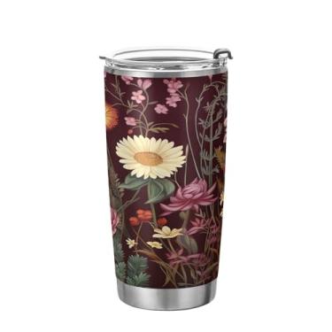 Imagem de xigua Copo de flores silvestres de jardim aquarela com tampa de palha, caneca de viagem a vácuo de parede dupla, caneca de café bem isolada, copo de aço inoxidável para bebidas quentes e frias, 600 ml