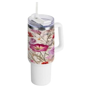 Imagem de xigua Copo vintage de flores silvestres de 1,134 g com alça e canudo, aço inoxidável duplo isolado a vácuo garrafa de água suporte de copo de garrafa de água amigável à prova de vazamento copo de