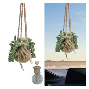 Imagem de Aromatizador de ar de carro de planta suspensa de crochê - Lindo vaso de planta para carro espelho retrovisor com frasco difusor de carro recarregável vazio de 12 ml - Ornamento de malha feito à mão