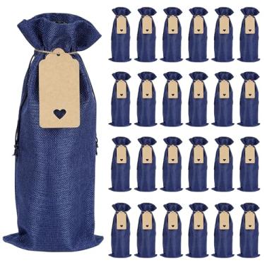 Imagem de BUNCHBRAVO Pacote com 24 sacos de vinho de serapilheira com etiquetas de presente e corda de juta, sacos de garrafa de vinho rústicos com cordão para casamentos, festas e feriados (azul marinho)