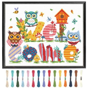 Imagem de FREEBLOSS Kit de ponto cruz estampado de 11 quilates com estampa de coruja, kits de ponto cruz bem-vindo para iniciantes e adultos com instruções de bordado para pendurar na parede, kits de bordado