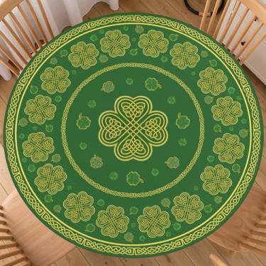 Imagem de ABSOP Toalha de mesa redonda de Dia de São Patrício com borda elástica com padrão de trevo de folhas toalha de mesa circular 102-111 cm verde lavável para cozinha, jantar, festa, pátio, piquenique