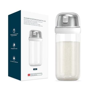 Imagem de KITCHENDAO Dispensador de açúcar de vidro com bico lateral, tampa embutida para diminuir a umidade com marcas de medição, elegante coqueteleira de vidro borossilicato para café, livre de BPA, 340 g