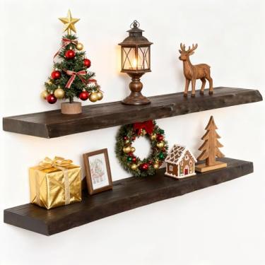 Imagem de Prateleiras flutuantes de madeira de olmo maciça, prateleiras flutuantes de madeira de 91 cm para parede, prateleiras de madeira de borda viva montadas na parede para livros, banheiro, cozinha, cor