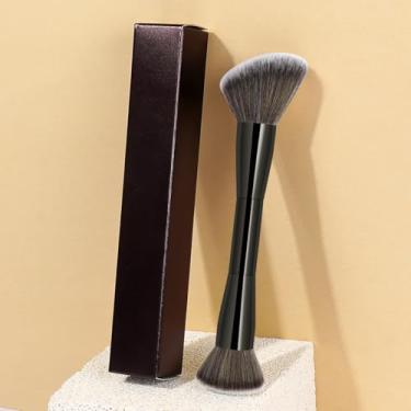 Imagem de 1 pincel de maquiagem de ponta dupla em uma caixa de papel, cerdas sintéticas, macias e fofas, para blush, sombra e contorno (preto)