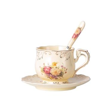 Imagem de YOLIFE Conjunto de xícara de chá e pires, conjunto de xícara de chá de 227 g, xícara de chá, xícara de chá de cerâmica com colher de pires, arbustos floridos vintage marfim com acabamento de folhas