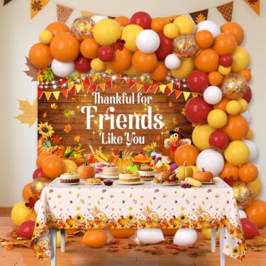 Imagem de AIBIIN Happy Friendsgiving Party Decorations, Kit de arco de guirlanda de balões de colheita de Ação de Graças, toalha de mesa de outono rústica com faixa de madeira de bordo feliz dia de ação de