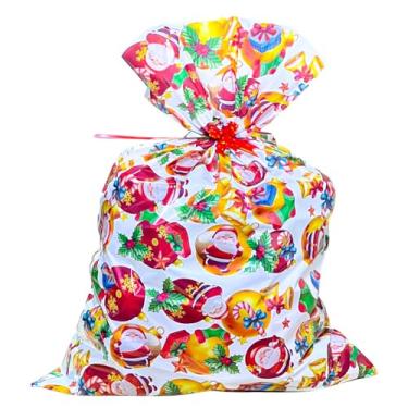 Imagem de Pensou Comprou Kit 10 Sacos De Presente Estampa Natal 70x50cm com Lacinho Plástico Festas Brindes Lembrancinhas Presentes Natal Papai Noel Fim De Ano